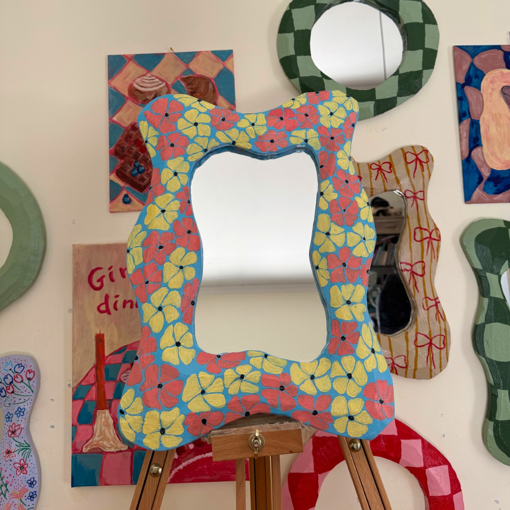 Clothó – Baby Blue Floral Mirror (with butter yellow and pink)